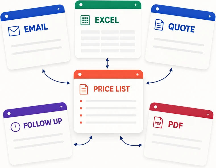 Email, Excel, quote, PDF and follow-up all arranged around a central price list, with arrows running between them.