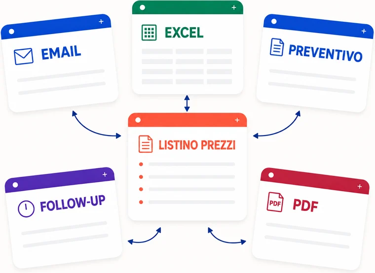 Email, Excel, preventivo, PDF e follow-up disposti attorno a un listino prezzi centrale, con frecce fra di essi.