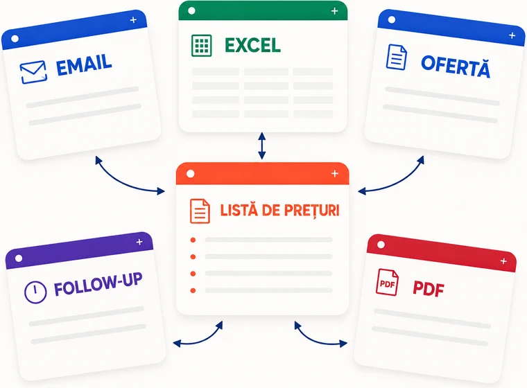 Email, Excel, ofertă, PDF și follow-up așezate în jurul unei liste de prețuri centrale, cu săgeți între ele.