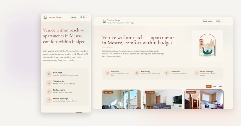 The VeniceStays site on a phone and on a desktop: the same explanation of the properties and the location, and the same path to booking directly.
